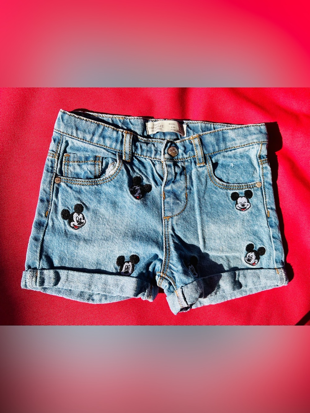 Zara Light Wash Denim Shorts with Embroidered Mickey Heads